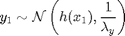 $$ y_1\sim \mathcal N\left (h(x_1), \frac{1}{\lambda_y}\right )$$